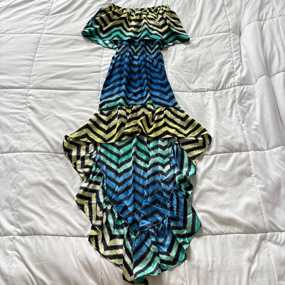 Parker 100% Silk Chevron High Low Off The Shoulder Maxi Dress Blue Yellow Small
